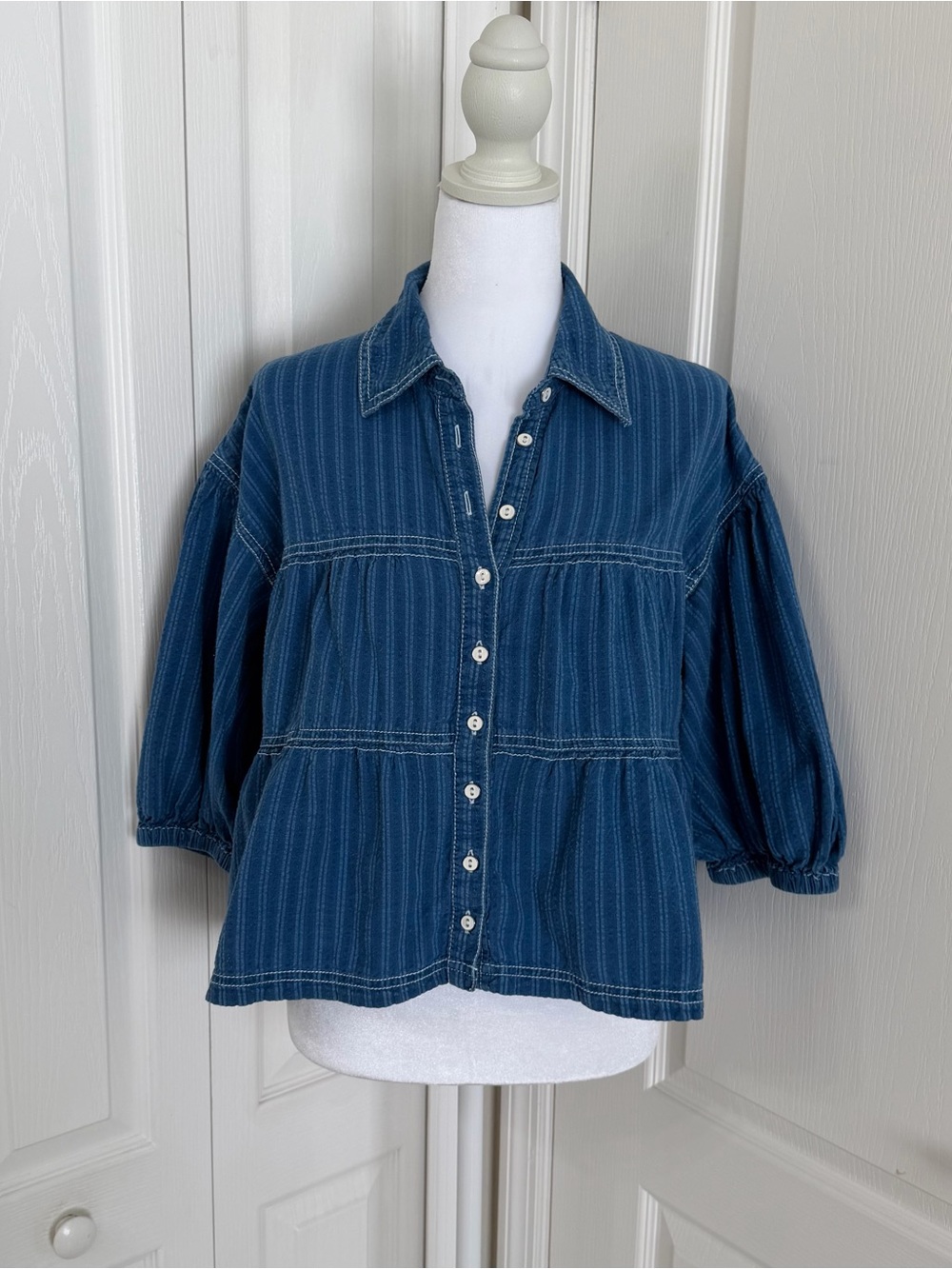 Pilcro Indigo Pinstripe Button-Down Peasant Top